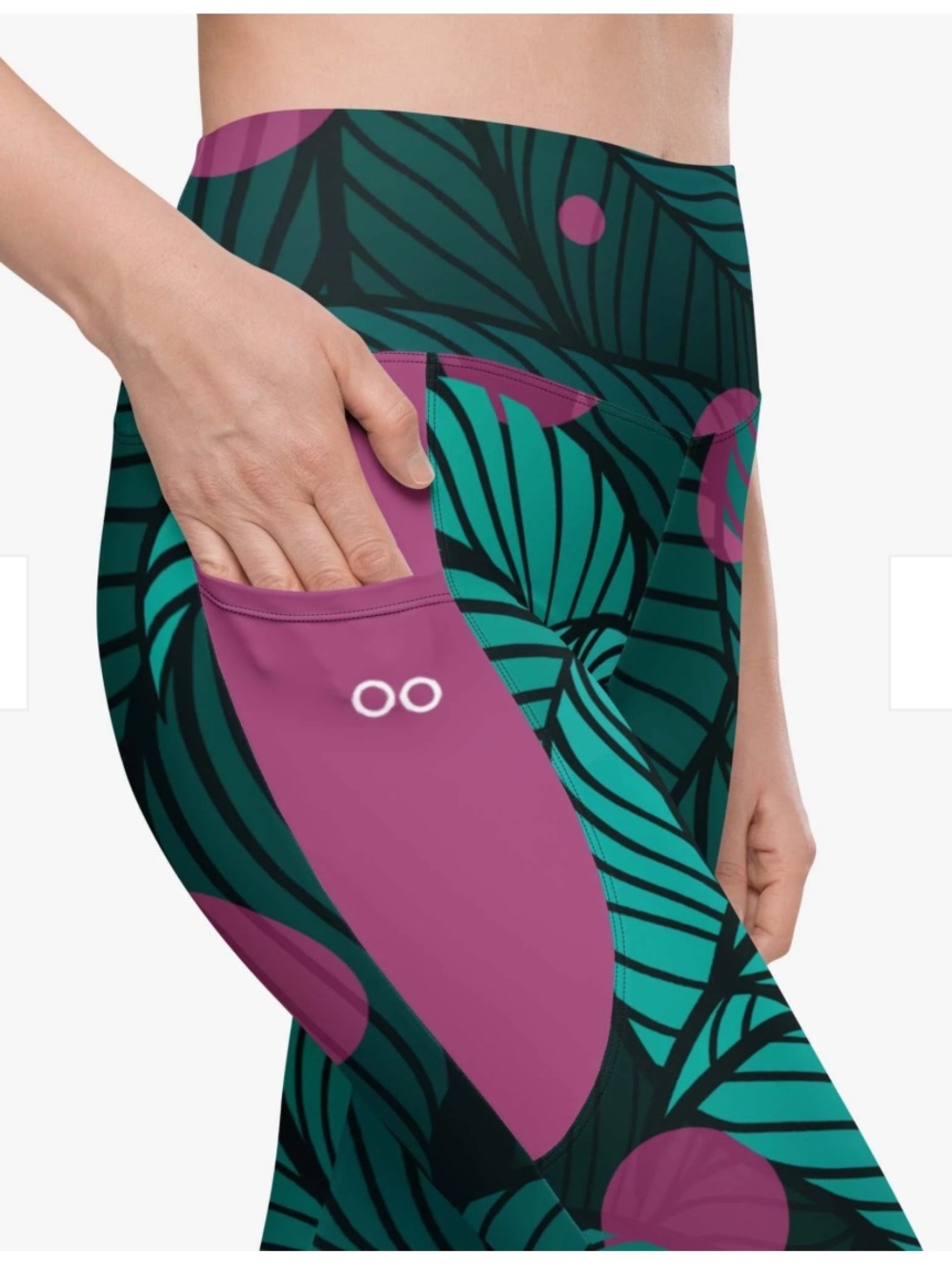New! Loony Legs Recycled Floral Leggings "Fireflies" Green/Pink with Pockets, L - Picture 13 of 16